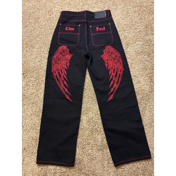 Affliction Other - NWT Y2K Affliction Wide Leg Wings Black Red Baggy Jeans Mens Size 31 MSRP $128